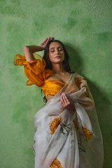 Marigold white organza silk saree