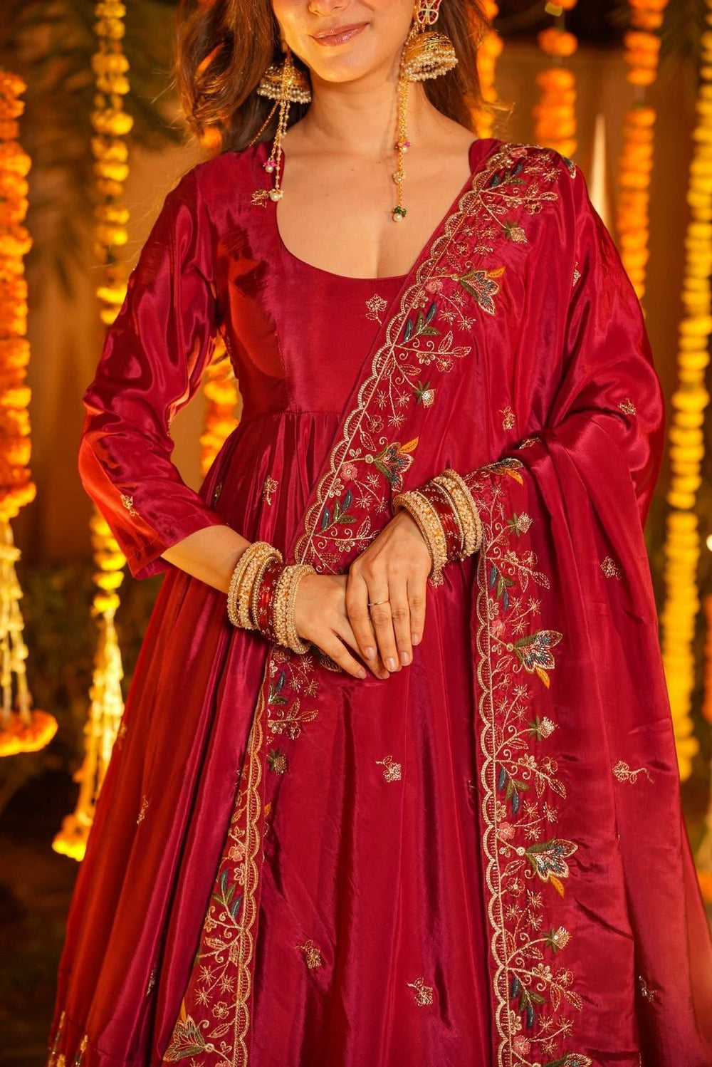 Ravisha Red Floral Anarkali Suit Set