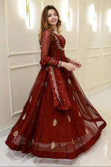 Maroon Designer Embroidery Sequins Work Gown