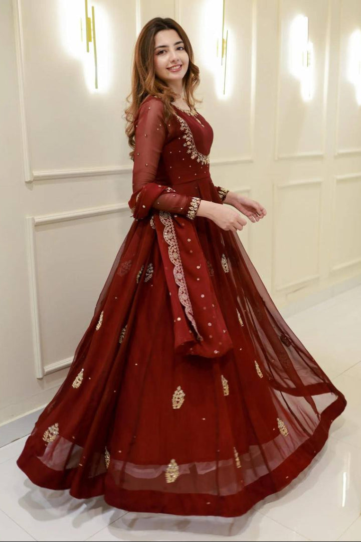 Maroon Designer Embroidery Sequins Work Gown