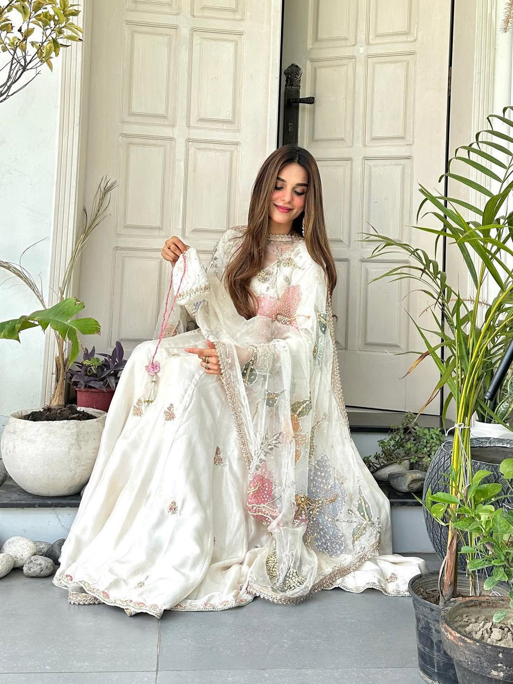 Cream Anarkali Suit With Embroidery Sequence Work