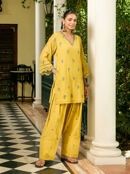 Yellow Embroidered Chanderi Kurta with Farshi Salwar