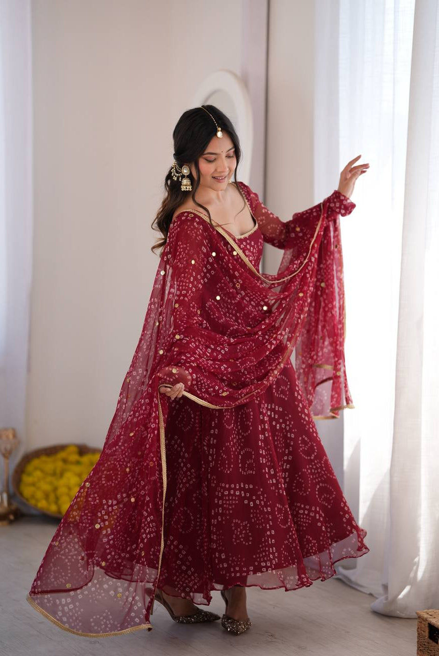 Maroon Bandhani Print Faux Georgette Anarkali Set