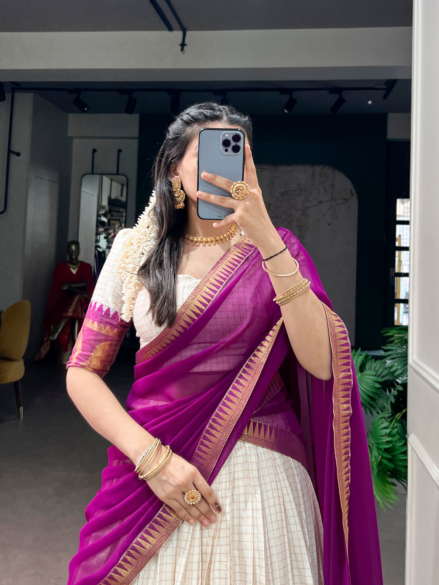 White And Maroon Color Poly Cotton Chex Onam Half Saree