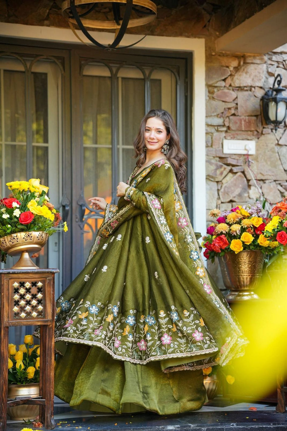 Naishvika Mehendi Floral Anarkali Suit Set