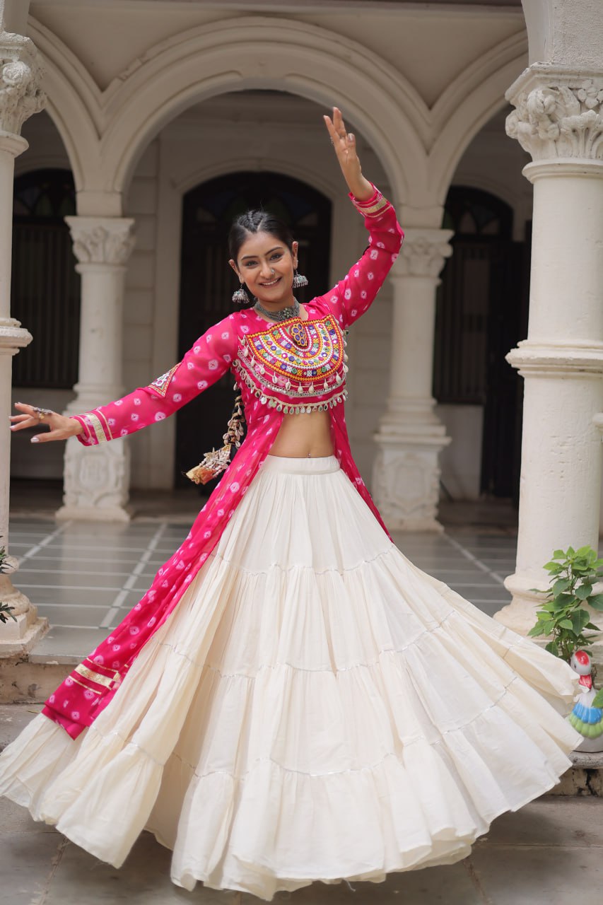 Pink Vibrant Bandhani-Print Long Kurti With Cotton Frill Lehenga