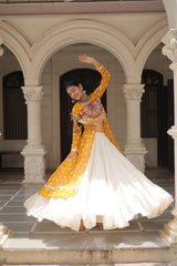 Yellow Vibrant Bandhani-Print Long Kurti With Cotton Frill Lehenga