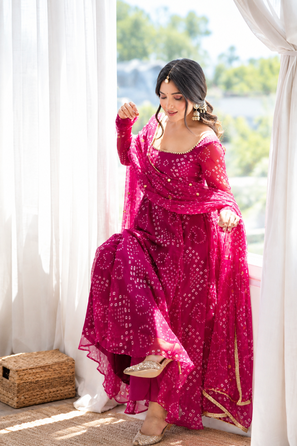Rani Pink Bandhani Print Faux Georgette Anarkali Set