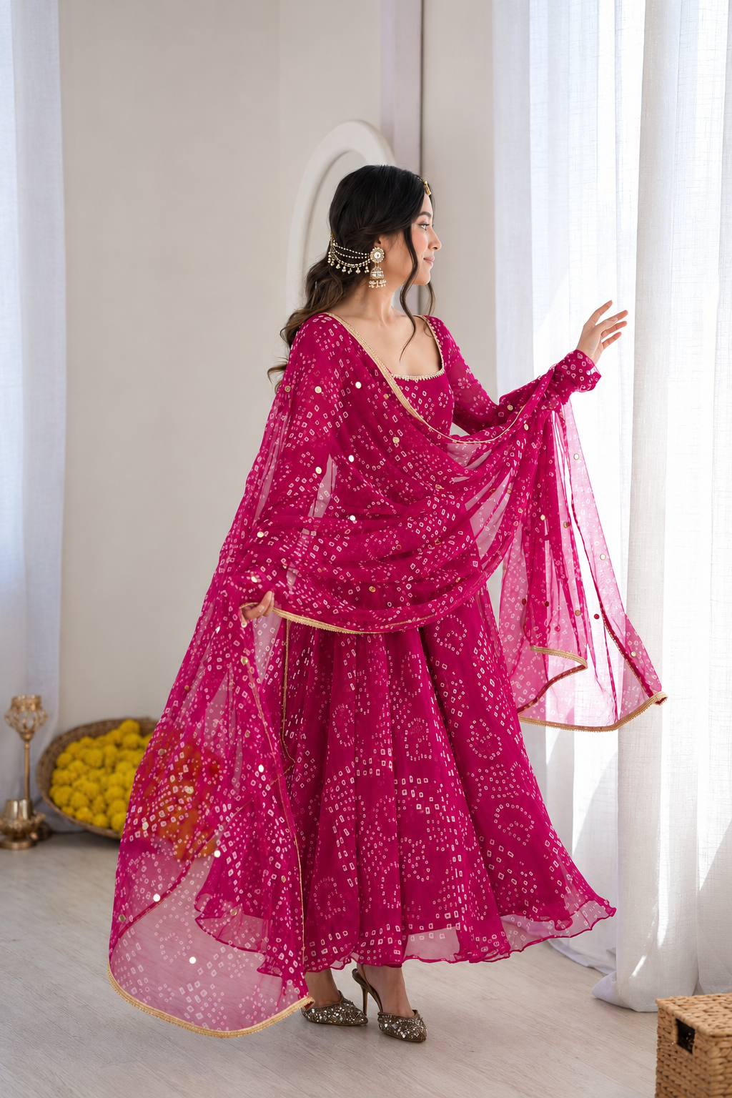 A woman modeling a bright magenta pink traditional Indian outfit with matching dupatta, featuring white printed patterns and gold accents, in a brightly lit room with white curtains.
