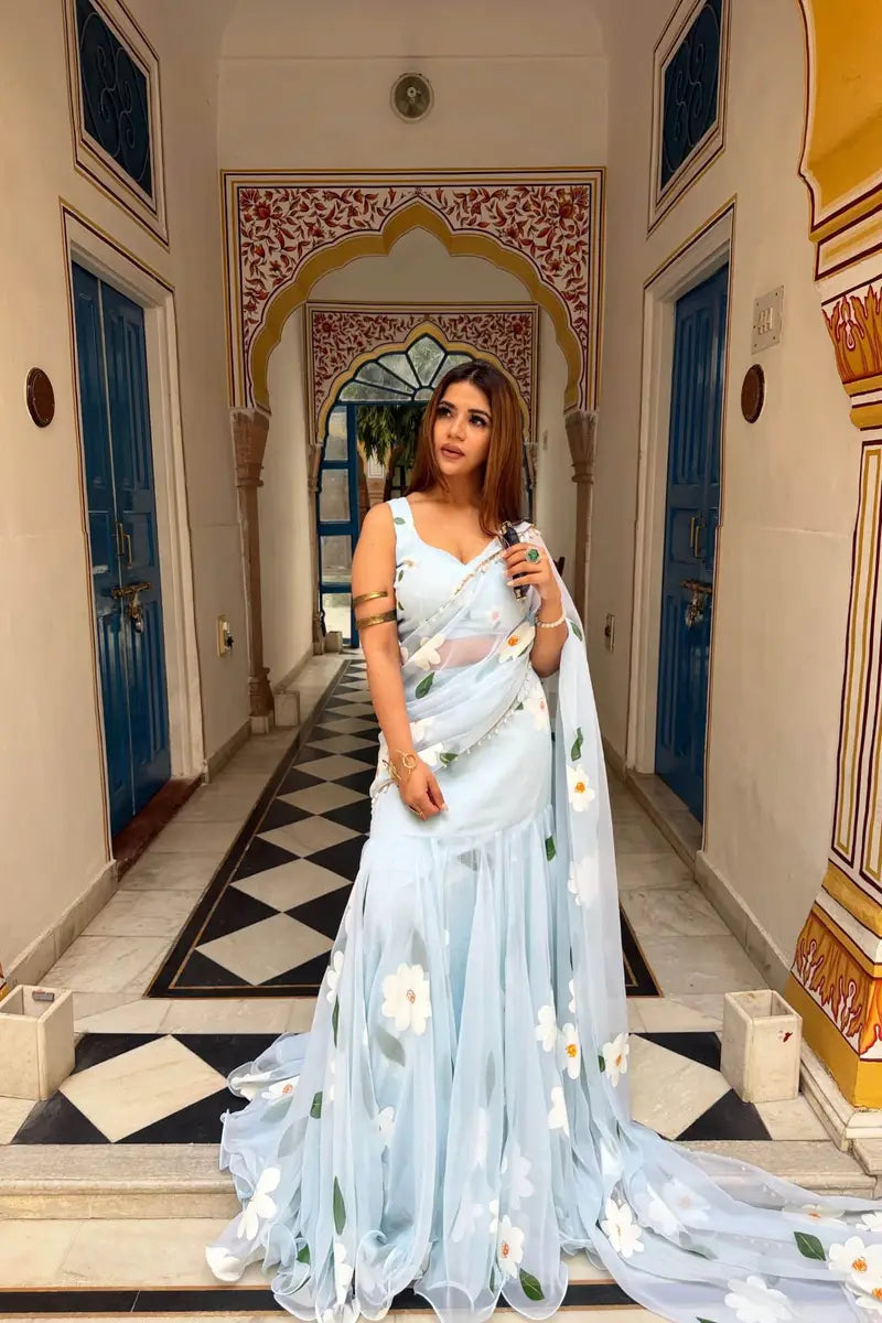 Sky Blue Floral Print Lehenga Saree With Blouse Material