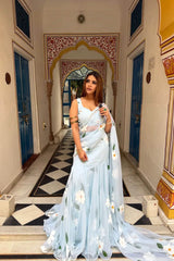 Sky Blue Floral Print Lehenga Saree With Blouse Material
