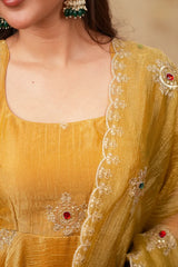 Close-up of a mustard yellow traditional outfit with intricate silver embroidery and red and green stone accents, worn by a model.