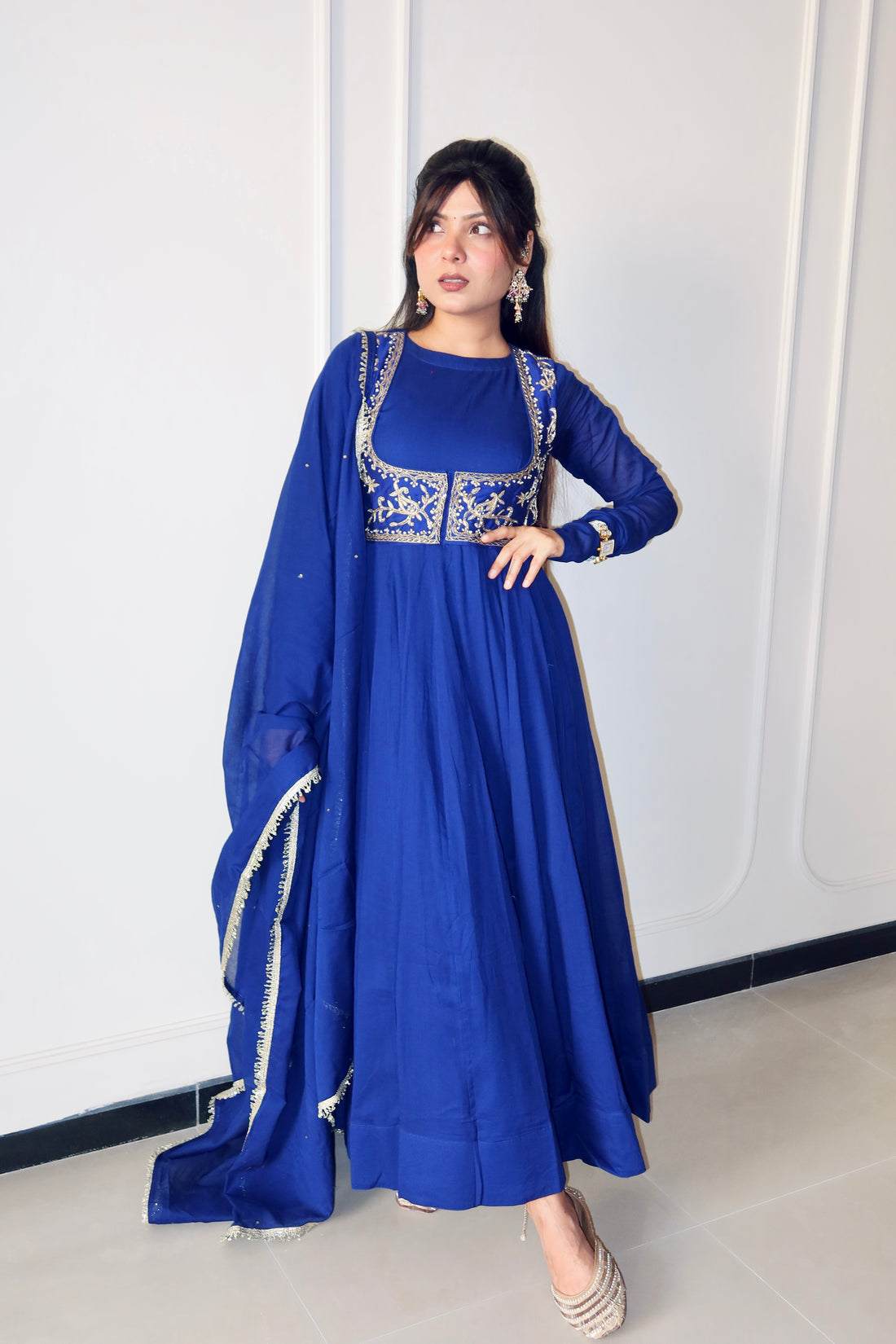 Queen Royal Blue Anarkali Suit With Koti Set