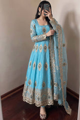 Peacock Sky Blue Silk Anarkali Suit With Detailing 