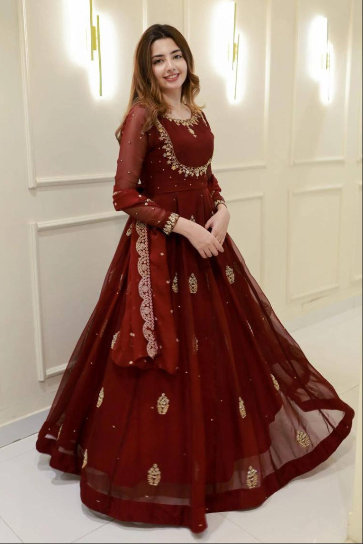 Maroon Designer Embroidery Sequins Work Gown