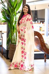 Luxury Floral Cream Handwork Saree