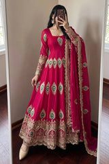 Peacock Red Silk Anarkali Suit With Detailing