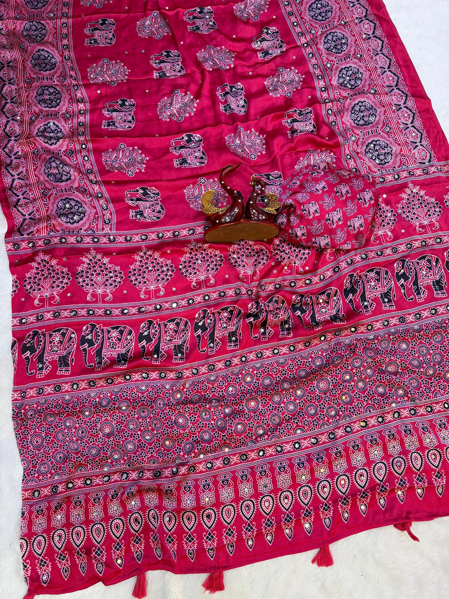 Elephant Mirror Work Ajrakh Printed Saree
