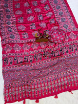 Elephant Mirror Work Ajrakh Printed Saree