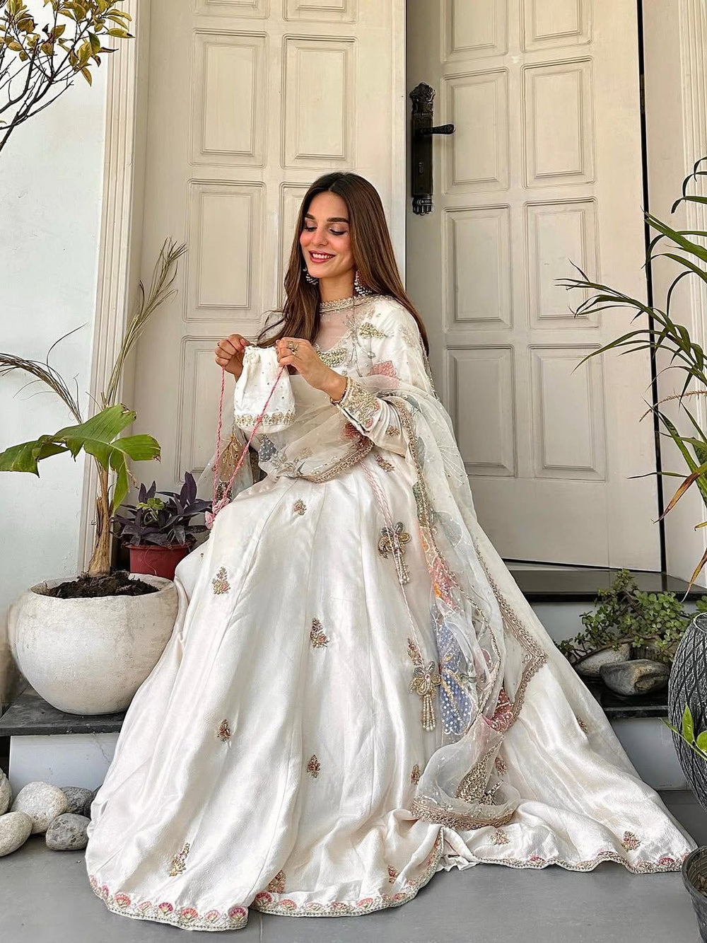 Cream Anarkali Suit With Embroidery Sequence Work