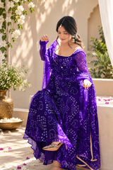 Purple Bandhani Print Faux Georgette Anarkali Set