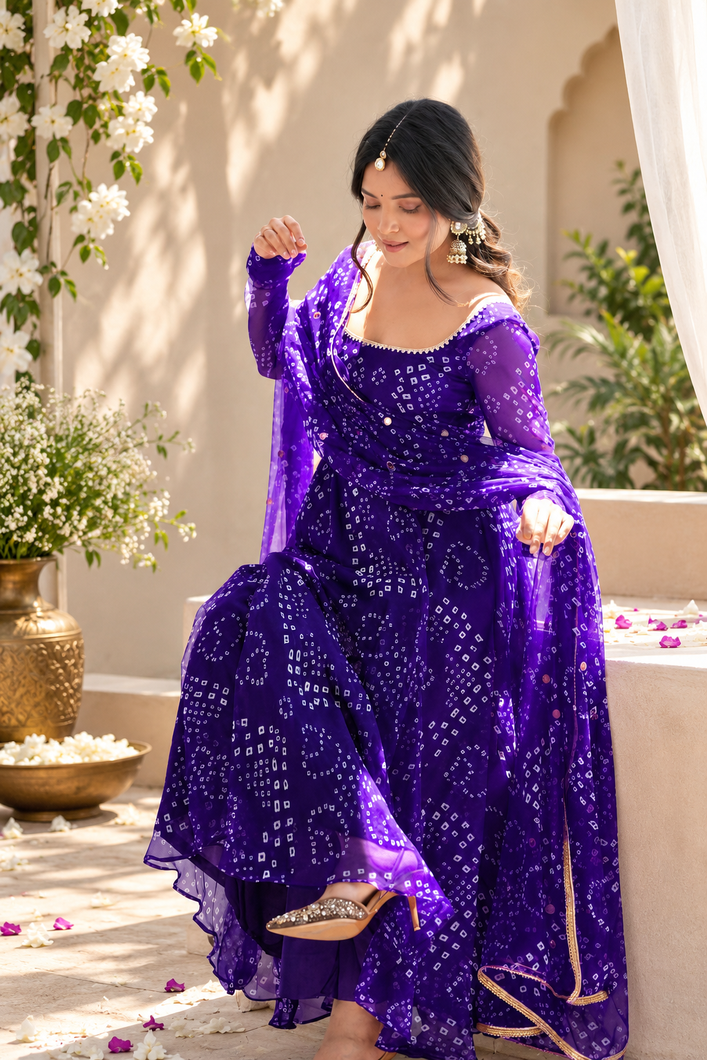 Purple Bandhani Print Faux Georgette Anarkali Set