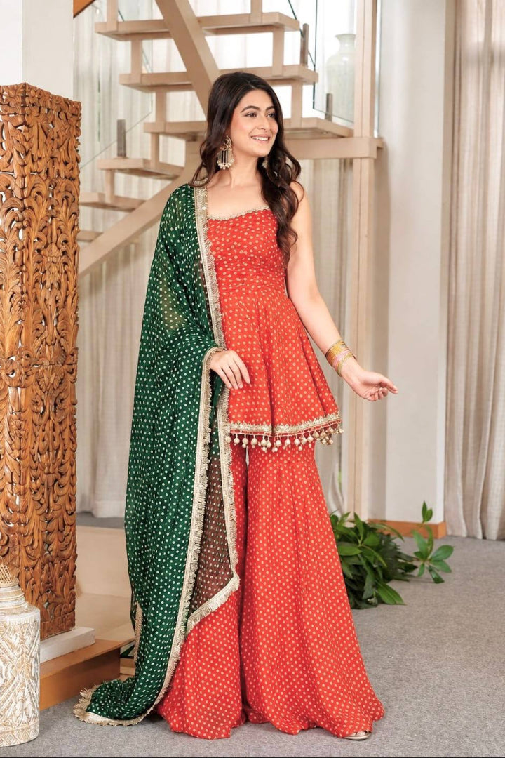 Orange Bandhani Kediya Style Sharara Suit Set