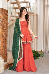 Orange Bandhani Kediya Style Sharara Suit Set