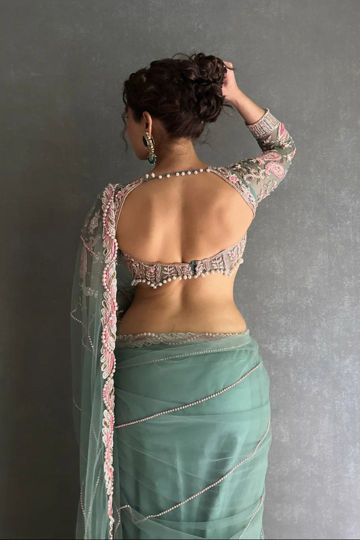 DUSKY TURQUOISE EMBROIDERED NET SAREE WITH BLOUSE