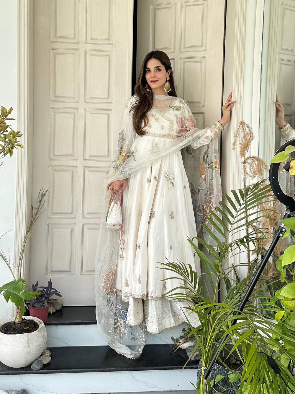 Cream Anarkali Suit With Embroidery Sequence Work