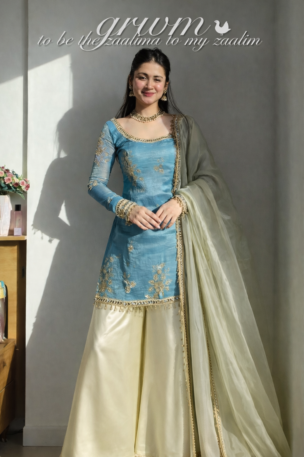 Tea Blue Embroidery Work Kurta Set