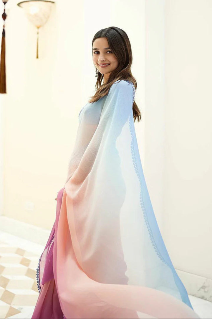 Woman wearing a colorful saree with a soft focus background