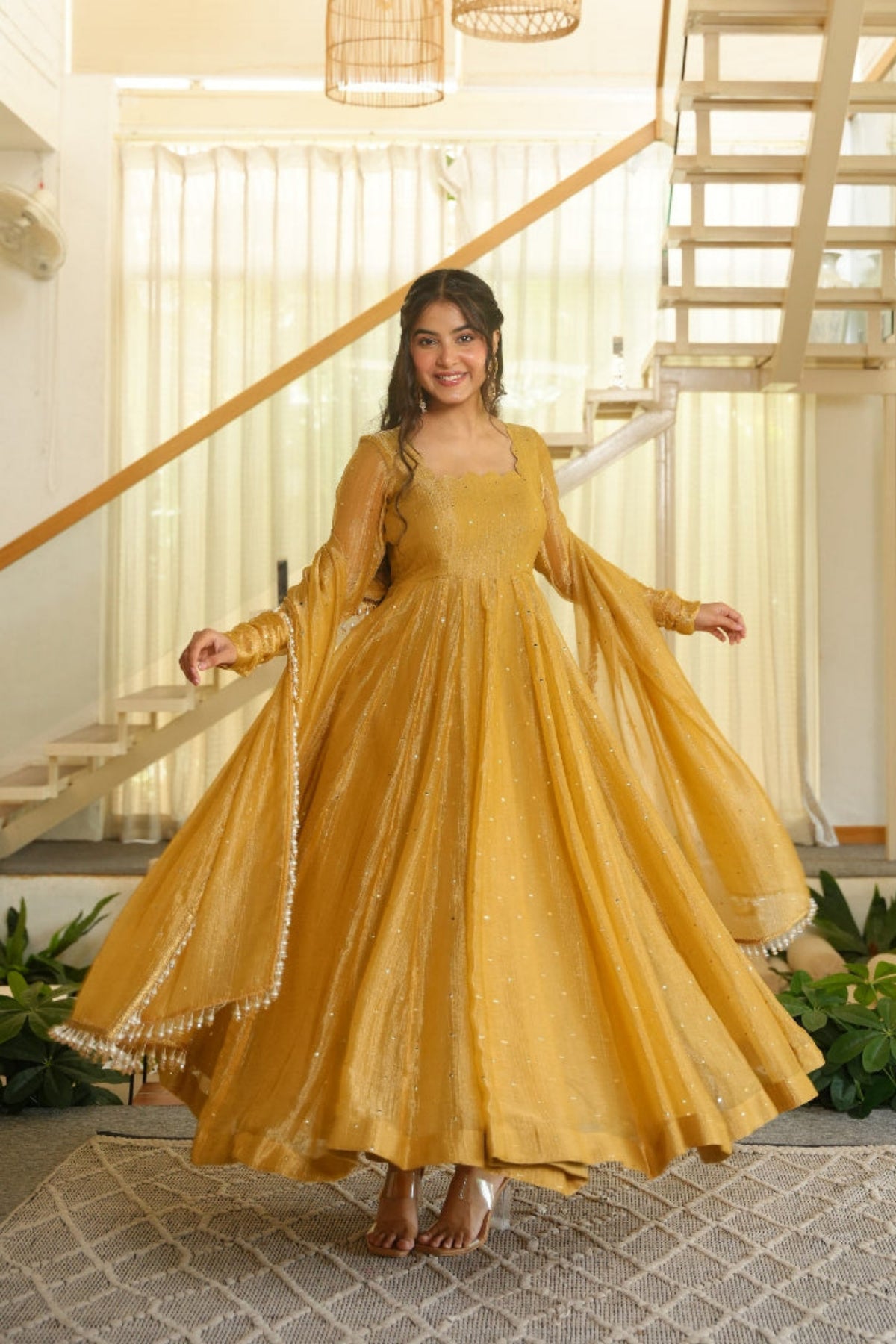 Musturd Yellow Suvarna Salsa Delicate Foil Work Anarkali Suit