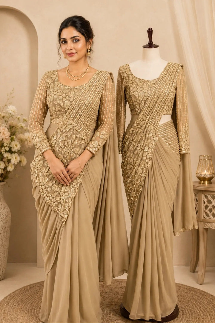 A beige and gold embellished saree displayed on a mannequin next to a model wearing the same saree. The saree features intricate gold embroidery on a beige base, with a draped design and a matching pleated skirt.