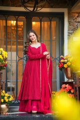 Rani Pink Color Faux Blooming Embroidered Sharara Suit