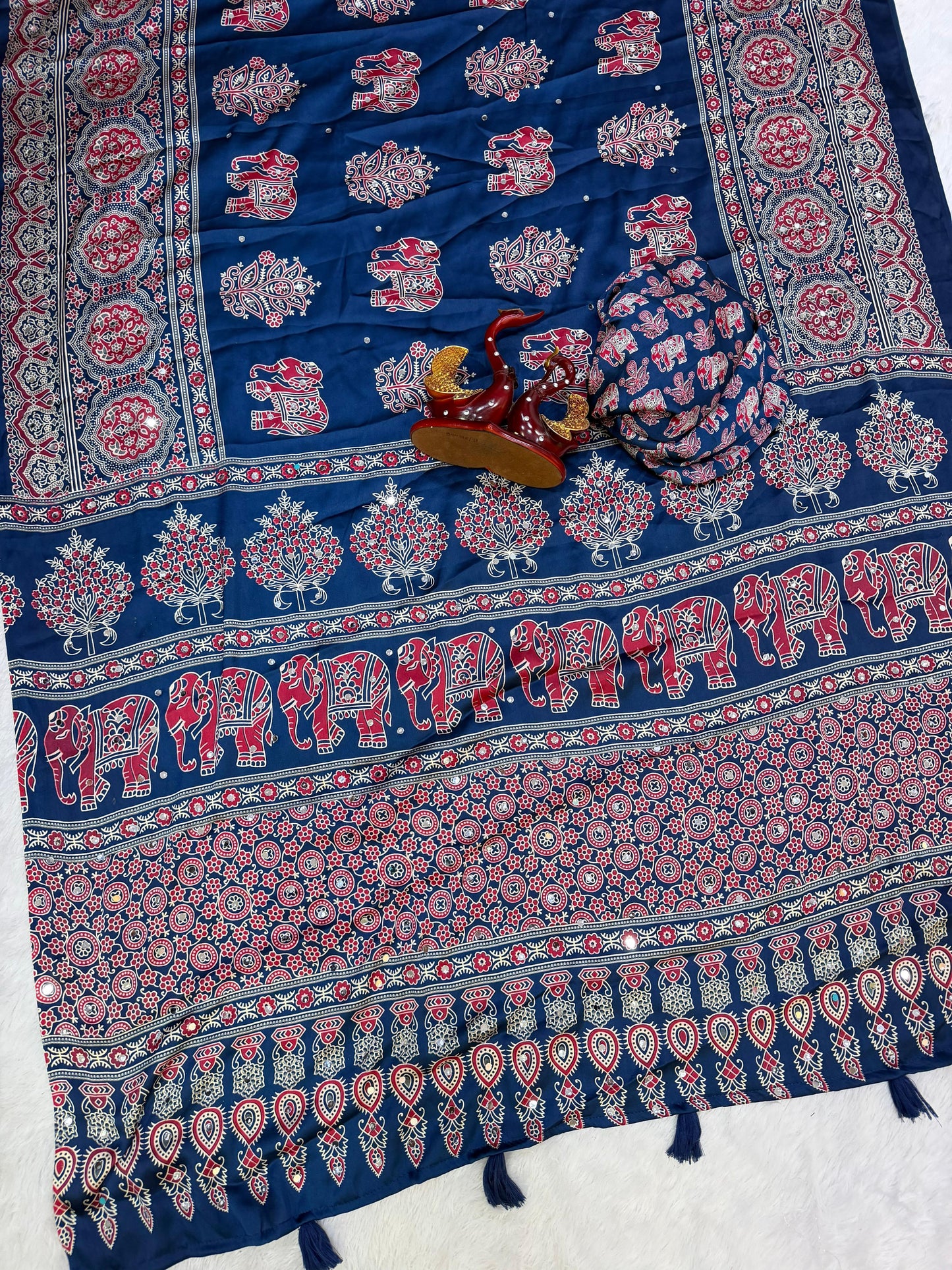 Elephant Mirror Work Ajrakh Printed Saree