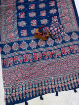 Elephant Mirror Work Ajrakh Printed Saree