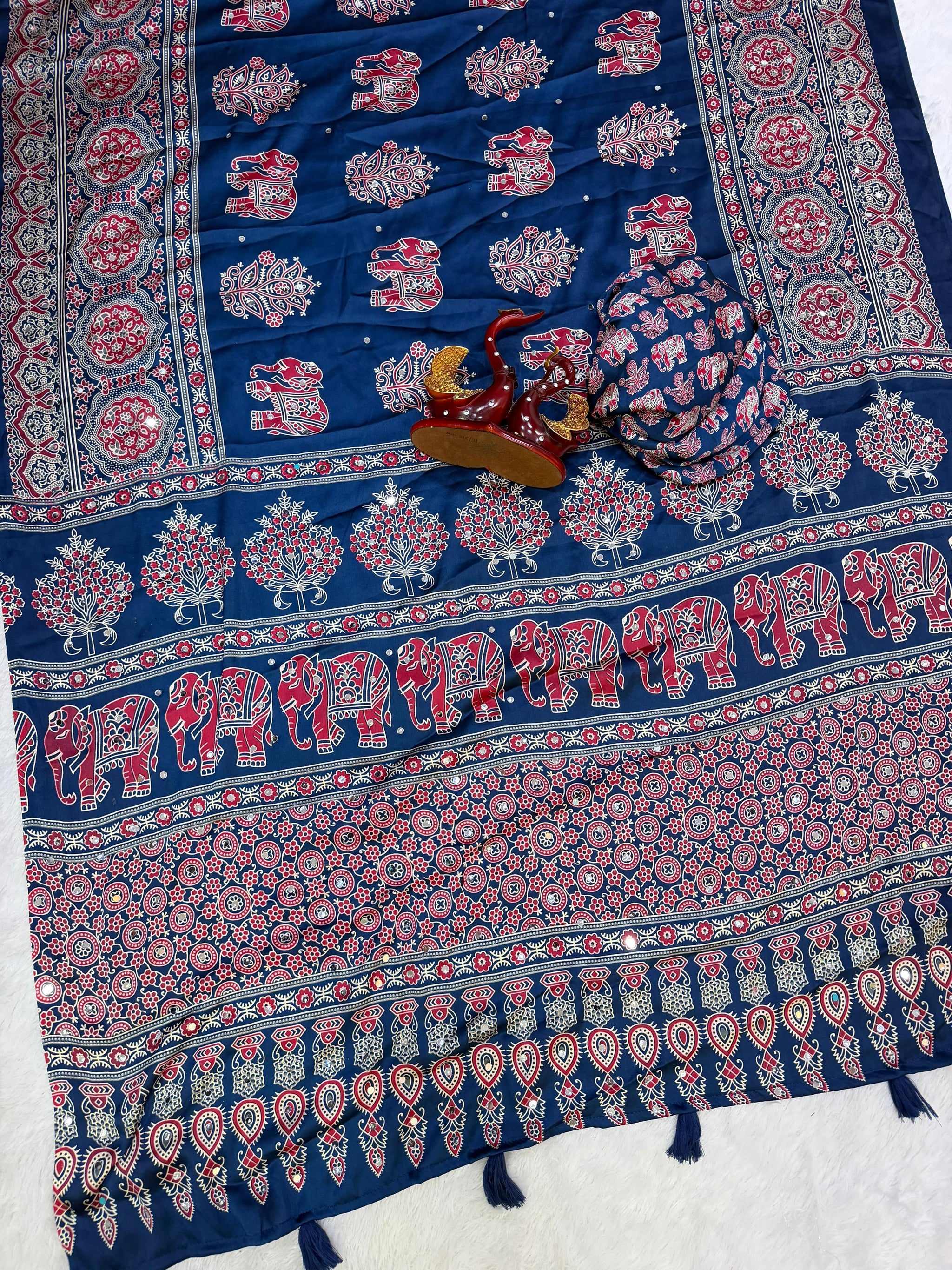 Elephant Mirror Work Ajrakh Printed Saree