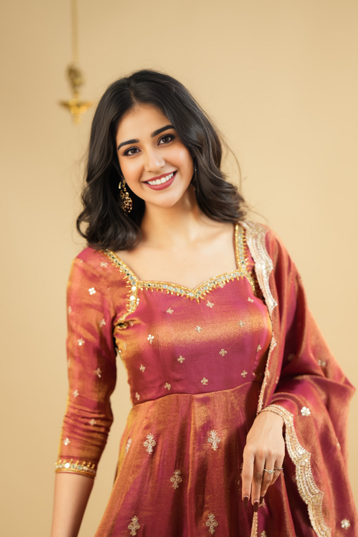 Woman wearing a traditional maroon and gold outfit with a beige background