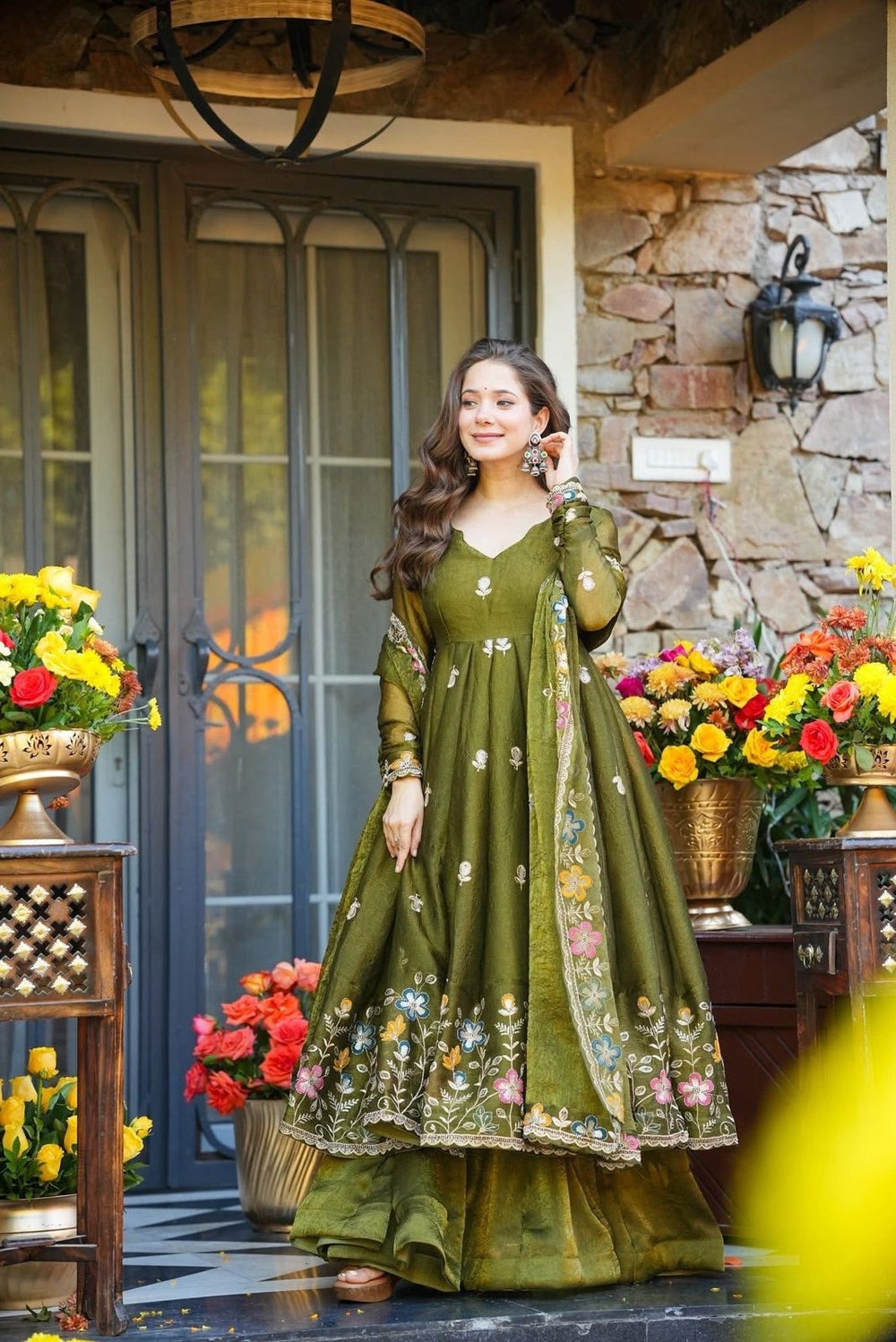 Naishvika Mehendi Floral Anarkali Suit Set