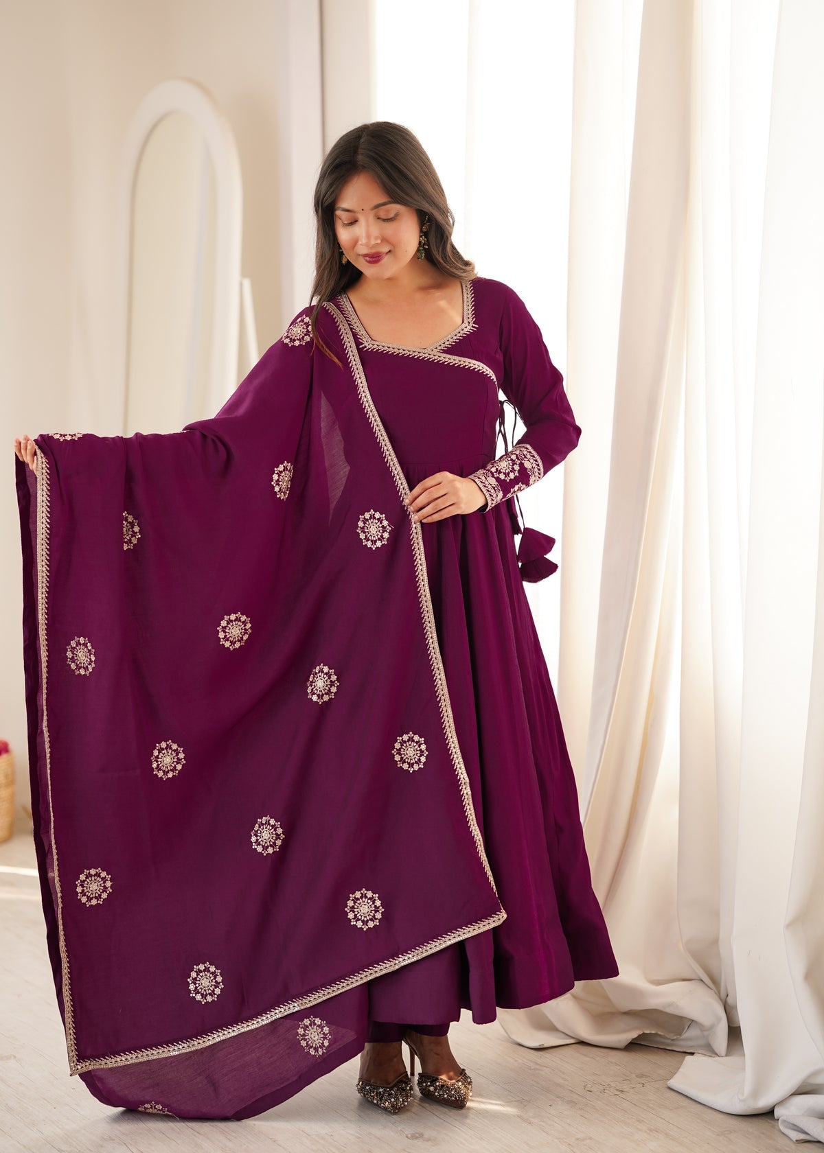 Wine Purple Angrakha Style Anarkali Suit Set