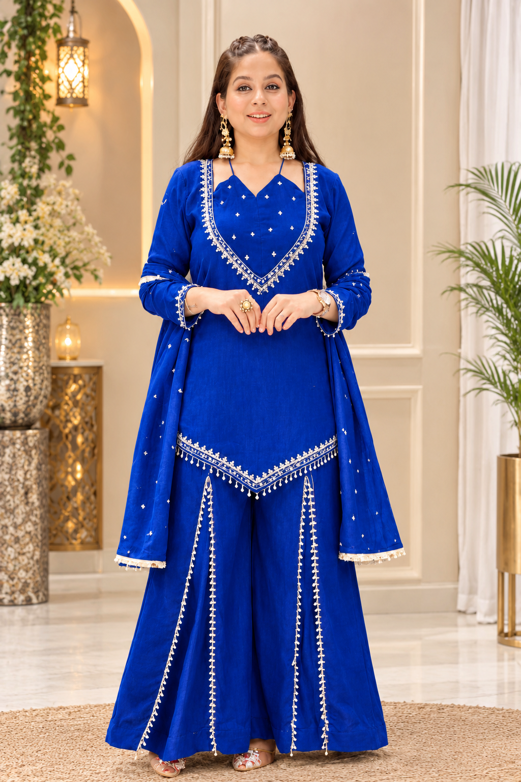 A woman modeling a royal blue traditional outfit with silver mirror-work embroidery, consisting of a long-sleeve kurta, flared pants, and a matching dupatta, set against an elegant indoor backdrop.