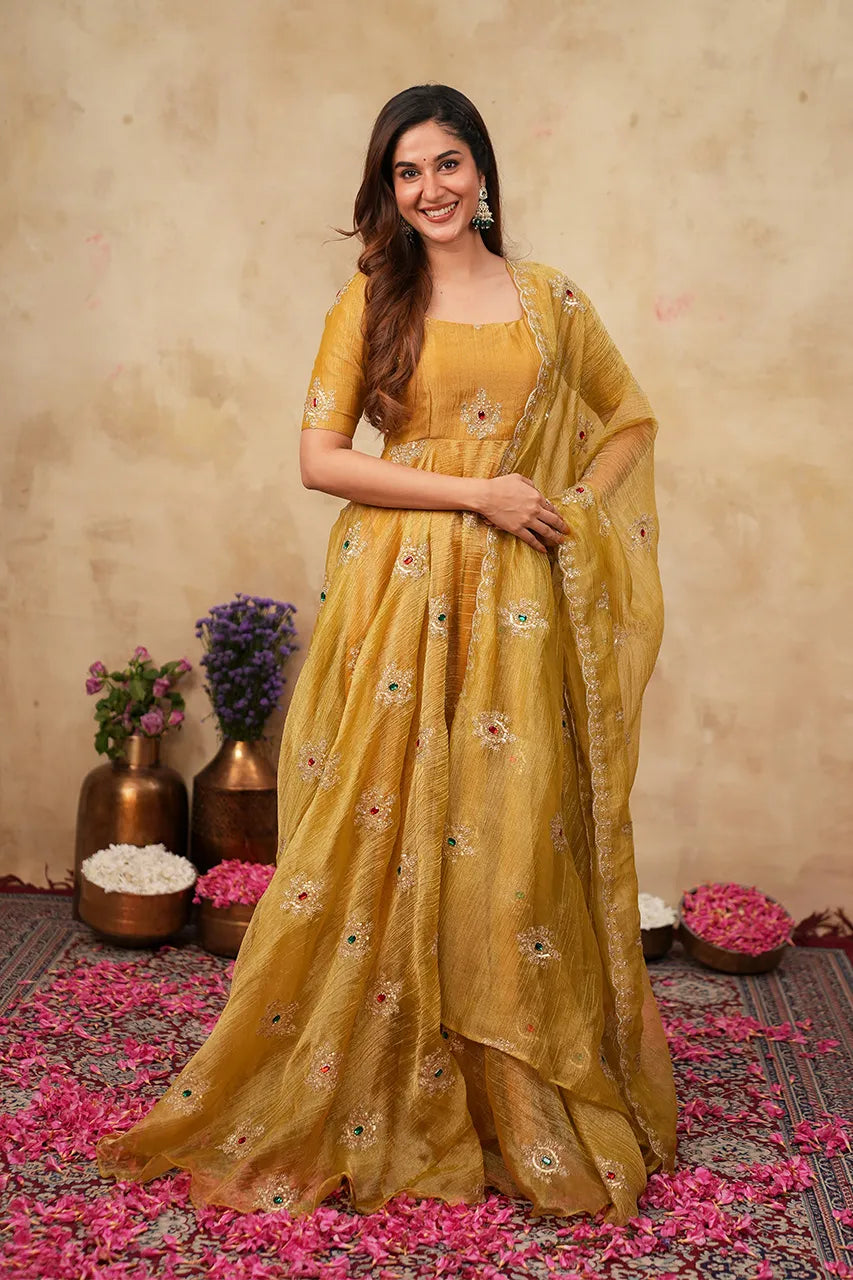 Golden Ravina Premium Crush Tissue Anarkali Set
