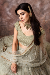 Wedding Pista Green Embroidery Net Lehenga Choli