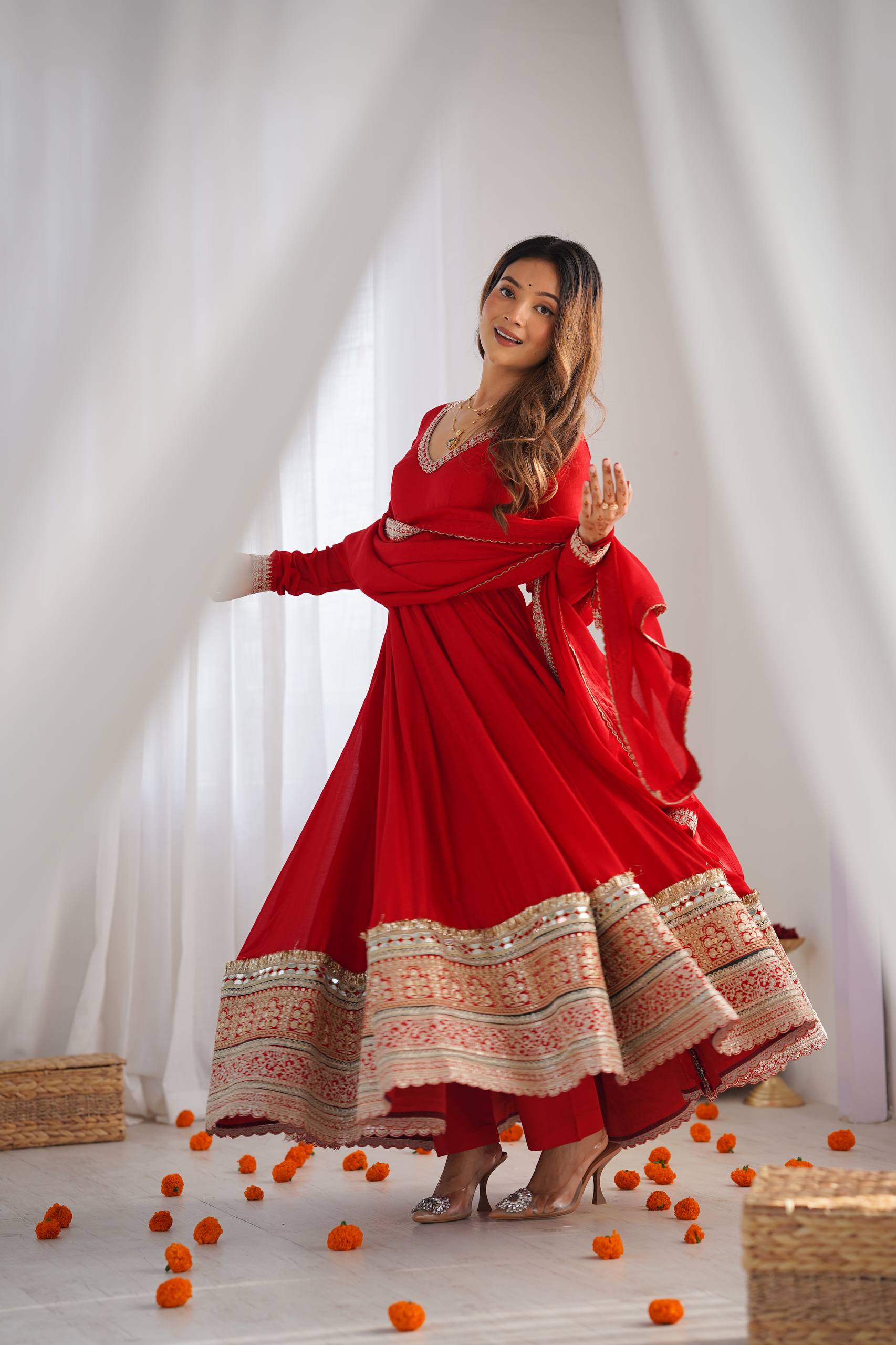 Red Blooming Embroidered Anarkali Suit Set
