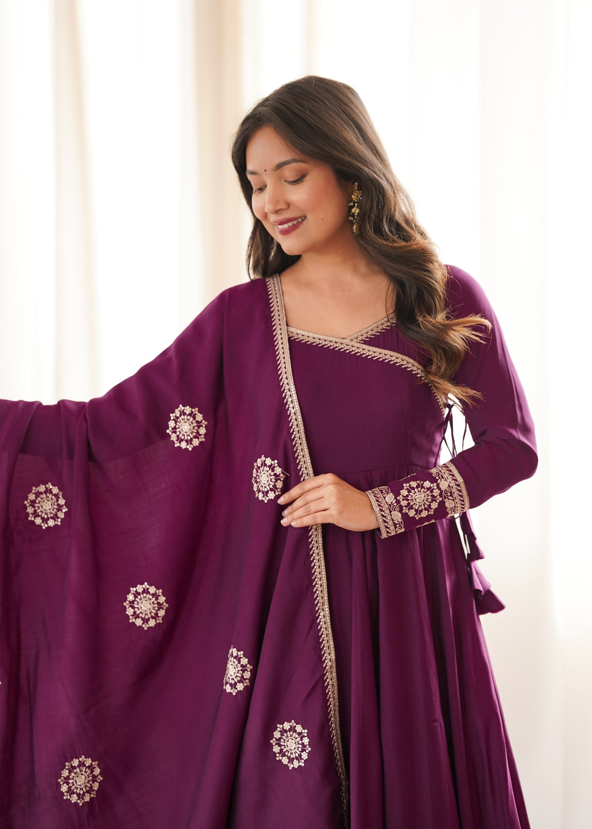 Wine Purple Angrakha Style Anarkali Suit Set