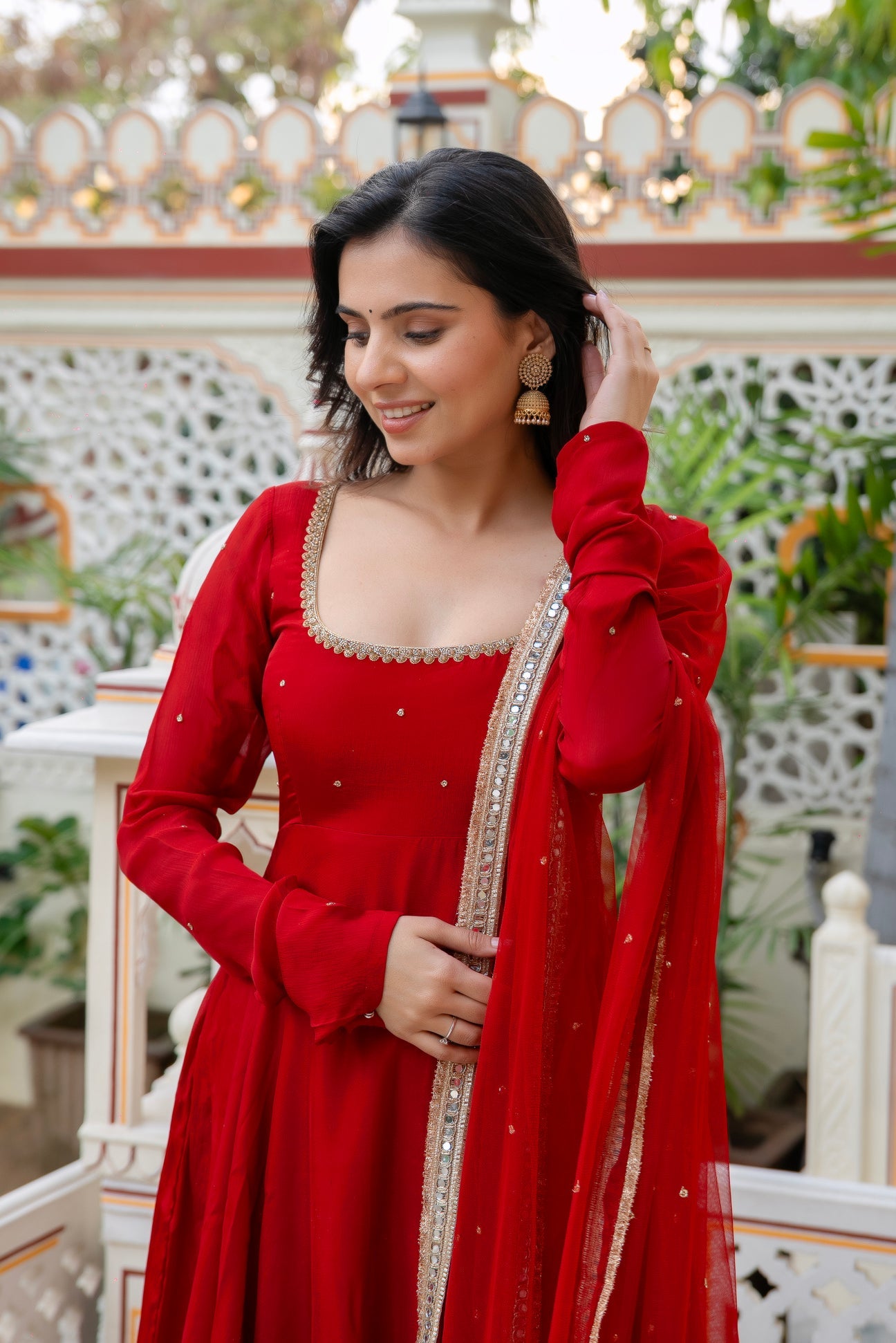 Red Anarkali Suit with Hand Work with Embroidered lace border dupatta