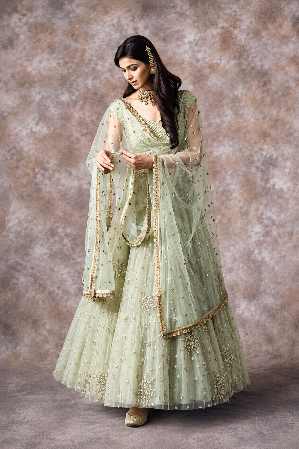 Wedding Pista Green Embroidery Net Lehenga Choli