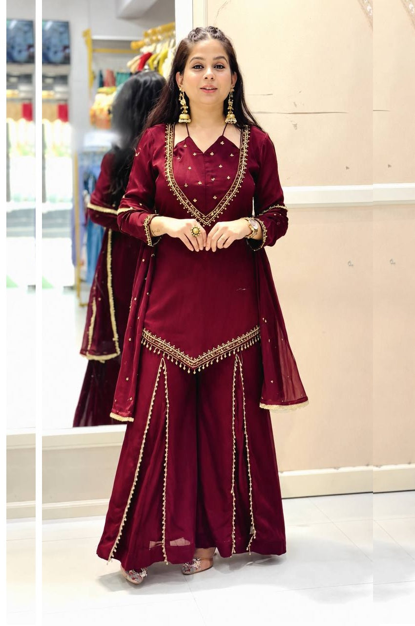 Ruby Red Glass Mirror Work Kurta Palazzo Set