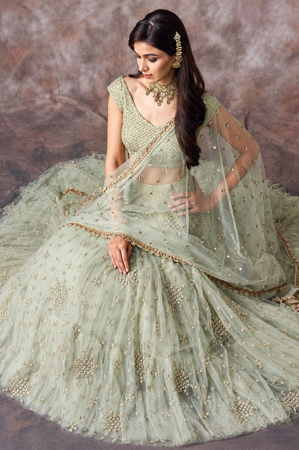Wedding Pista Green Embroidery Net Lehenga Choli
